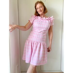 Vintage 60s Pink Houndstooth Dress Size Medium Drop Waist Ruffle Neckline Mod
